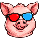Pig wearing red and blue 3D glasses with its tongue sticking out.