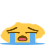 Yellow face with closed eyes and a wide, distorted mouth crying large blue tears.