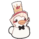 Lucifer Morningstar as a rubber duck wearing a top hat and bowtie dancing back and forth.