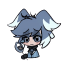 Alastor from Hazbin Hotel in a chibi style with blue and gray coloring and a smug expression.