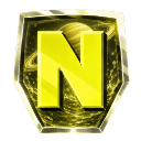 A yellow letter N centered inside a gold-bordered shield with a starry space background.