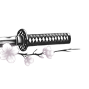 Katana sword handle decorated with soft pink cherry blossom flowers.