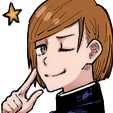 Nobara Kugisaki winking with a smug expression while pointing to her face.