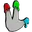 Hand with fingers covered in dripping red, green, and blue paint.