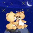 Two teddy bears sit on a globe against a starry night sky and share a kiss as red hearts float above them.