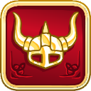 A golden Viking helmet with horns centered on a square red background.