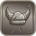 A stone-carved viking helmet with two horns centered on a square gray background.