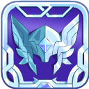 A stylized dual-toned helmet icon with crystalline wings inside a decorative purple and silver square frame.