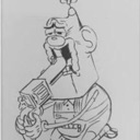 A line-art character with a large head and small body appears to be eating its own head, creating a surreal recursive loop.