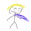 Stick figure with yellow hair and a purple cape standing in a simple pose.