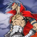 Anime warrior with spiky hair and a red cape standing confidently.