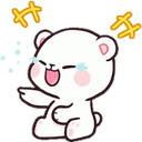 A small white bear laughing with its eyes closed and tears of joy, surrounded by yellow sparkle symbols.