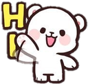 A cute white bear cub with pink cheeks waving its hand with a happy expression next to the yellow letters HI.