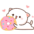 A cute white cat holding a pink frosted donut with floating hearts around it.
