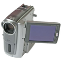 A silver digital camcorder with its LCD screen flipped out to the side.