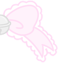 A pink ruffled bow with a small silver bell attached to the side.