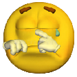 A yellow 3D smiley face with closed eyes and a tear, rubbing its fingers together in a tiny violin gesture.