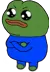 A green cartoon frog with large sad eyes and a pouty expression stands with its arms crossed while wearing a blue shirt.