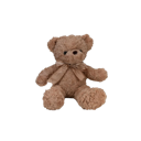 Brown teddy bear sitting upright with a ribbon tied around its neck.