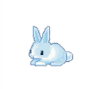 A small light blue pixel art rabbit sitting on a dark gray ledge.