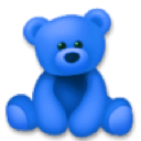 A bright blue teddy bear sitting in a neutral pose with dark eyes and a small nose.