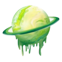 A green planet with a ring is melting and dripping downwards.