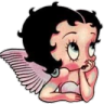 Betty Boop with angel wings looking upward with a pensive and sweet expression.