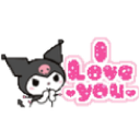 Kuromi character holding hands to its face with pink text that says I love you.