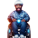 A person wearing a beanie sits in a wheelchair with a playful expression and their tongue sticking out.