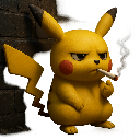 A yellow creature with a serious expression and a cigarette in its mouth.