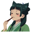 Anime girl with cat ears eating a snack with a happy and flushed expression.