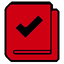 A red document icon with a black checkmark symbol on its face.