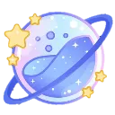 A glowing blue potion inside a circular orb surrounded by yellow stars and a planetary ring.