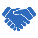 Handshake icon depicted in a flat blue pixel art style.