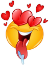 A yellow smiley face with large red heart-shaped eyes and a long tongue hanging out with blue drool.