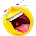 Yellow emoji face with a wide-open mouth and tongue sticking out, expressing intense hysterical laughter.