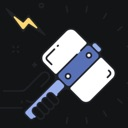 A hand holding a hammer with a lightning bolt strike behind it.