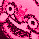 A distorted face with a wide, exaggerated grin, rendered in high-contrast pink and black.