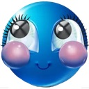 A blue spherical character with large eyes and bright pink cheeks looking up with a shy, happy expression.