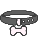 A black leather collar with a white bone-shaped tag hanging from the center.