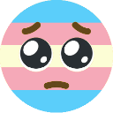 Pleading face emoji with large watery eyes and a sad mouth, colored with light blue, pink, and white horizontal stripes.