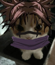 A cat wearing a purple scarf and anime-style spiky hair with a facial marking.