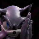 A dark purple 3D hedgehog character with a serious expression holding a hand up near its face.