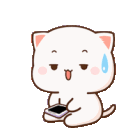 A small white cat character sitting and looking at a smartphone screen with a bored expression.