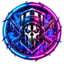 Skull wearing a headset and tactical gear, framed by a glowing blue and pink neon circle.