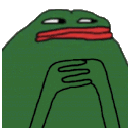 A green frog character with a smug expression holding a playing card.