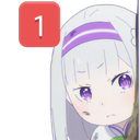 Anime girl with purple hair peeking from the side next to a red notification badge with the number one.