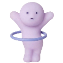 A cute purple 3D character spinning a hula hoop around its waist with a blank expression.