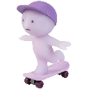 Miski character with a blank expression riding a skateboard.