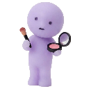 A purple blob character holding a makeup brush and a compact mirror while applying blush to its cheeks.